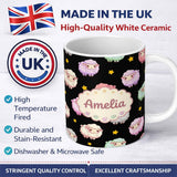 Personalized Custom Name Cute Pastel Rainbow Sheep Lamb Stars Seamless Pattern Name Unique 11oz Ceramic Coffee Tea Mug White Large Handle