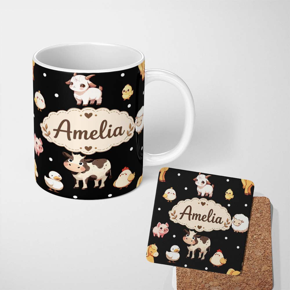 Personalized Custom Name Cute Farm Animals Cow Pig Goat Chicken Duck Sheep Seamless Pattern 11oz Ceramic Coffee Tea Mug White Large Handle