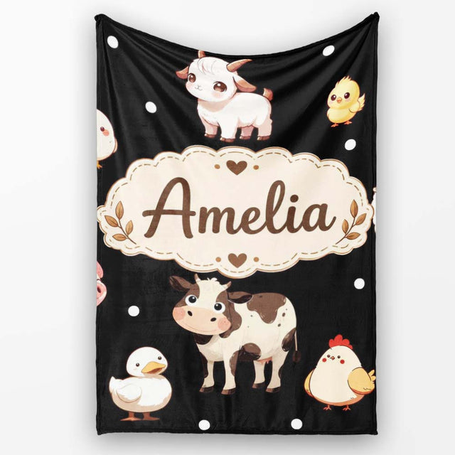 Cute Farm Animals Cow Pig Goat Chicken Duck Sheep Seamless Pattern  Personalised Custom Name Super Soft Fleece Blanket Bed Sofa Throw
