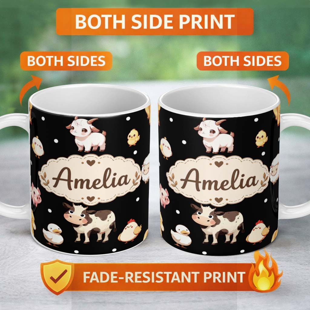 Personalized Custom Name Cute Farm Animals Cow Pig Goat Chicken Duck Sheep Seamless Pattern 11oz Ceramic Coffee Tea Mug White Large Handle