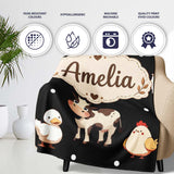 Cute Farm Animals Cow Pig Goat Chicken Duck Sheep Seamless Pattern  Personalised Custom Name Super Soft Fleece Blanket Bed Sofa Throw