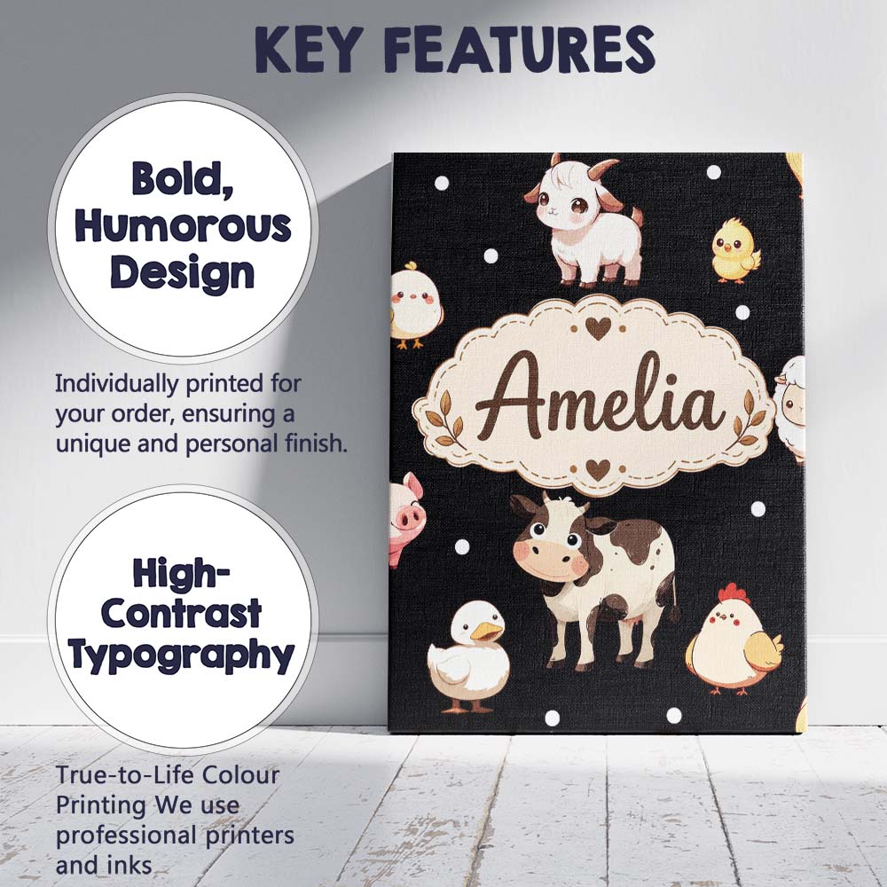 Personalised Name Cute Farm Animals Cow Pig Custom  Bespoke Interior Contemporary Canvas Wall Art Print Decor Picture Ready to Hang