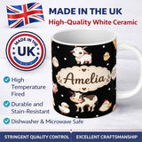 Personalized Custom Name Cute Farm Animals Cow Pig Goat Chicken Duck Sheep Seamless Pattern 11oz Ceramic Coffee Tea Mug White Large Handle