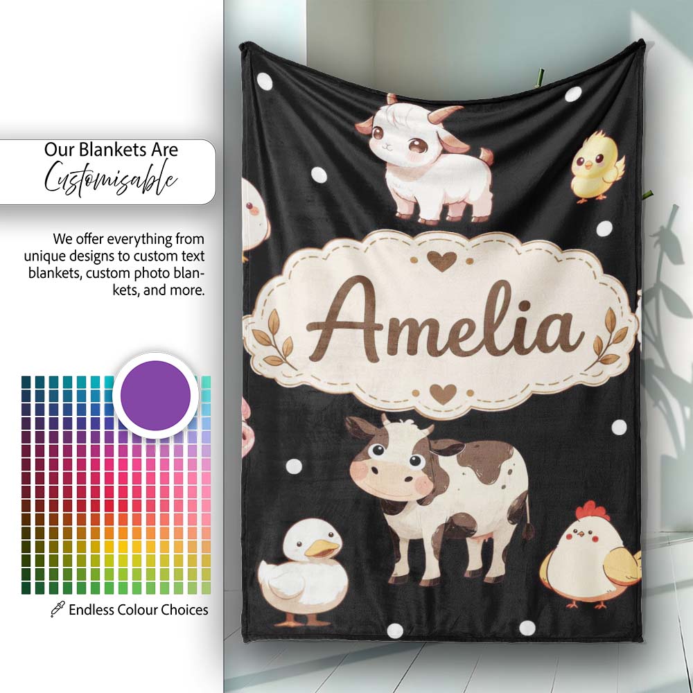 Cute Farm Animals Cow Pig Goat Chicken Duck Sheep Seamless Pattern  Personalised Custom Name Super Soft Fleece Blanket Bed Sofa Throw