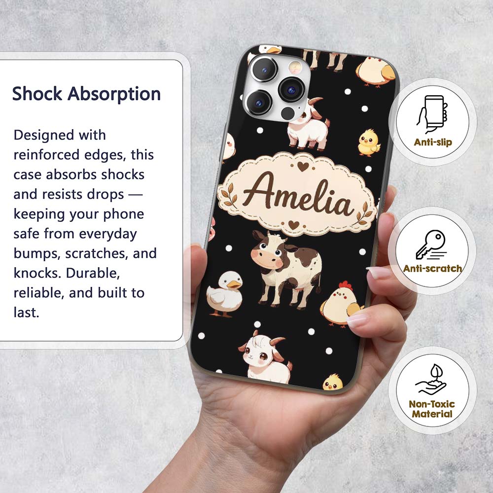 Cute Farm Animals Cow Pig Goat Chicken Duck Sheep Custom Name Protective Phone Case Mobile Cover Durable Everyday Smartphone Shock Resistant