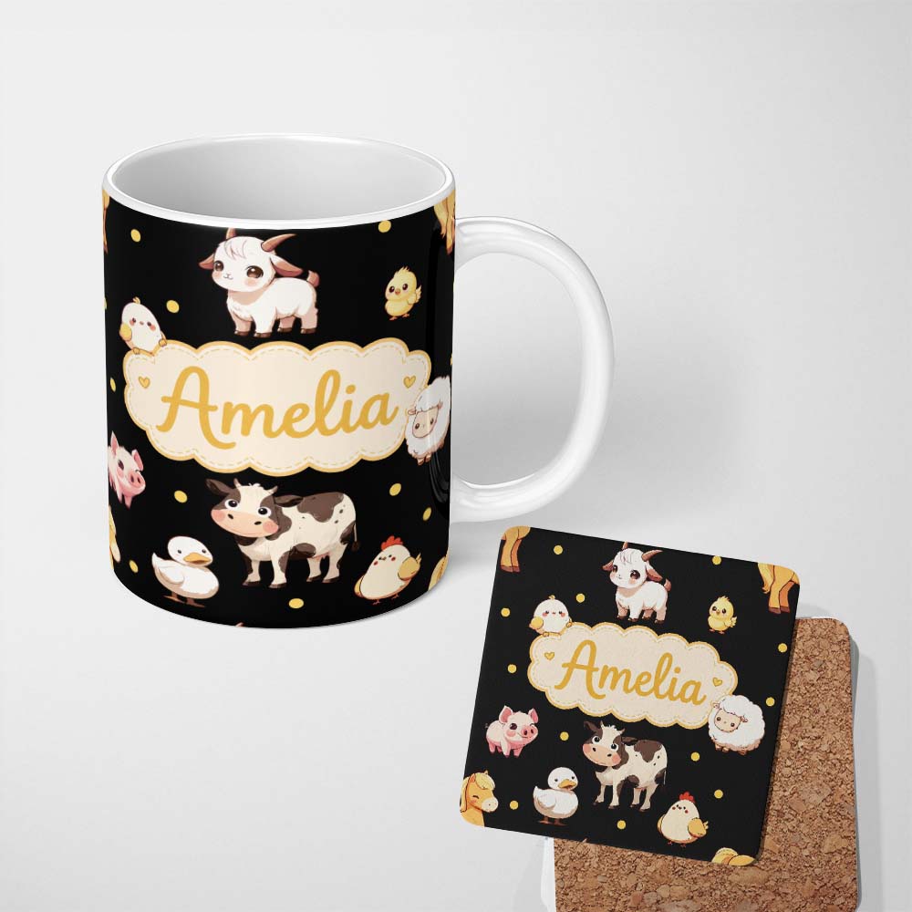Personalized Custom Name Cute Farm Animals Cow Pig Goat Chicken Duck Sheep Yellow Dots 11oz Ceramic Coffee Tea Mug White Large Handle