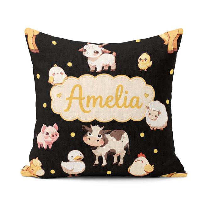 Custom Name Farm Animals Cow Goat Chicken Duck Sheep Yellow Dots Square Filled Cushion Throw Pillow Sofa Bed Home Decor Zip Washable UK Made