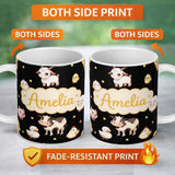 Personalized Custom Name Cute Farm Animals Cow Pig Goat Chicken Duck Sheep Yellow Dots 11oz Ceramic Coffee Tea Mug White Large Handle