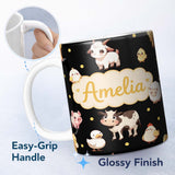Personalized Custom Name Cute Farm Animals Cow Pig Goat Chicken Duck Sheep Yellow Dots 11oz Ceramic Coffee Tea Mug White Large Handle