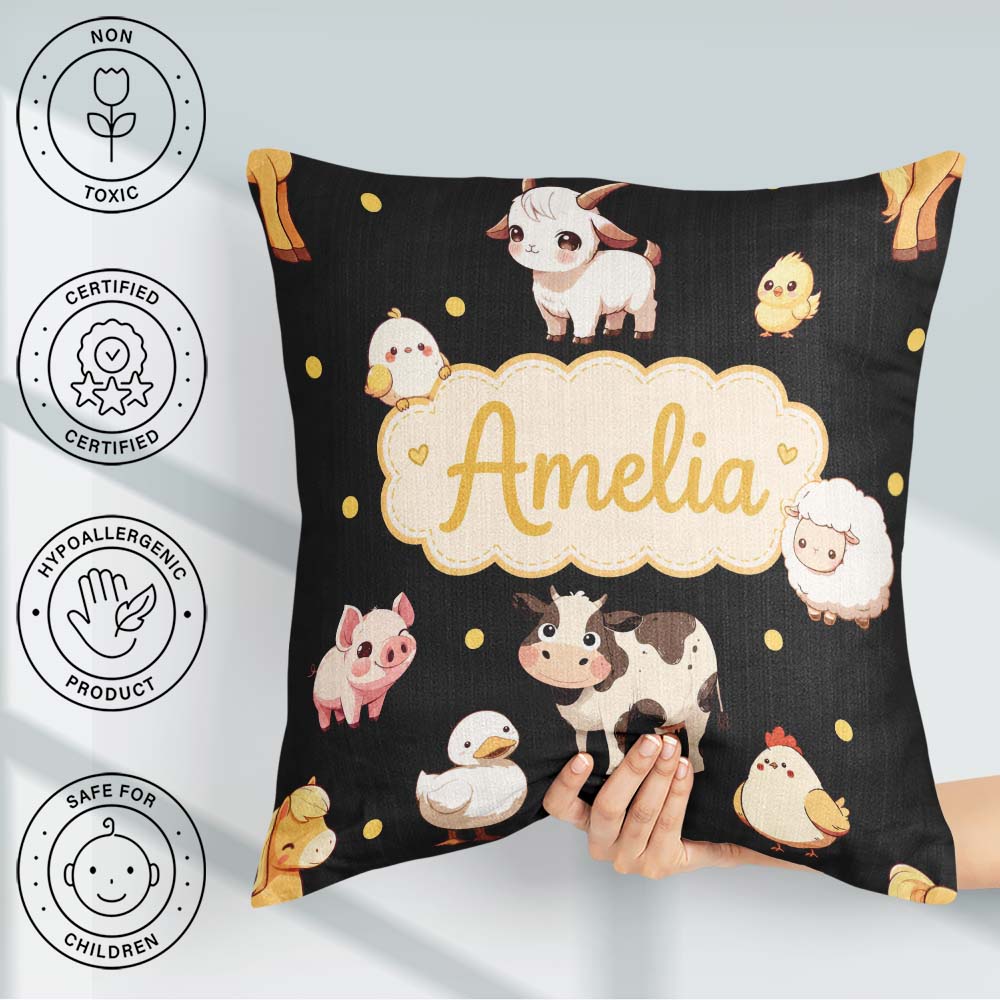 Custom Name Farm Animals Cow Goat Chicken Duck Sheep Yellow Dots Square Filled Cushion Throw Pillow Sofa Bed Home Decor Zip Washable UK Made