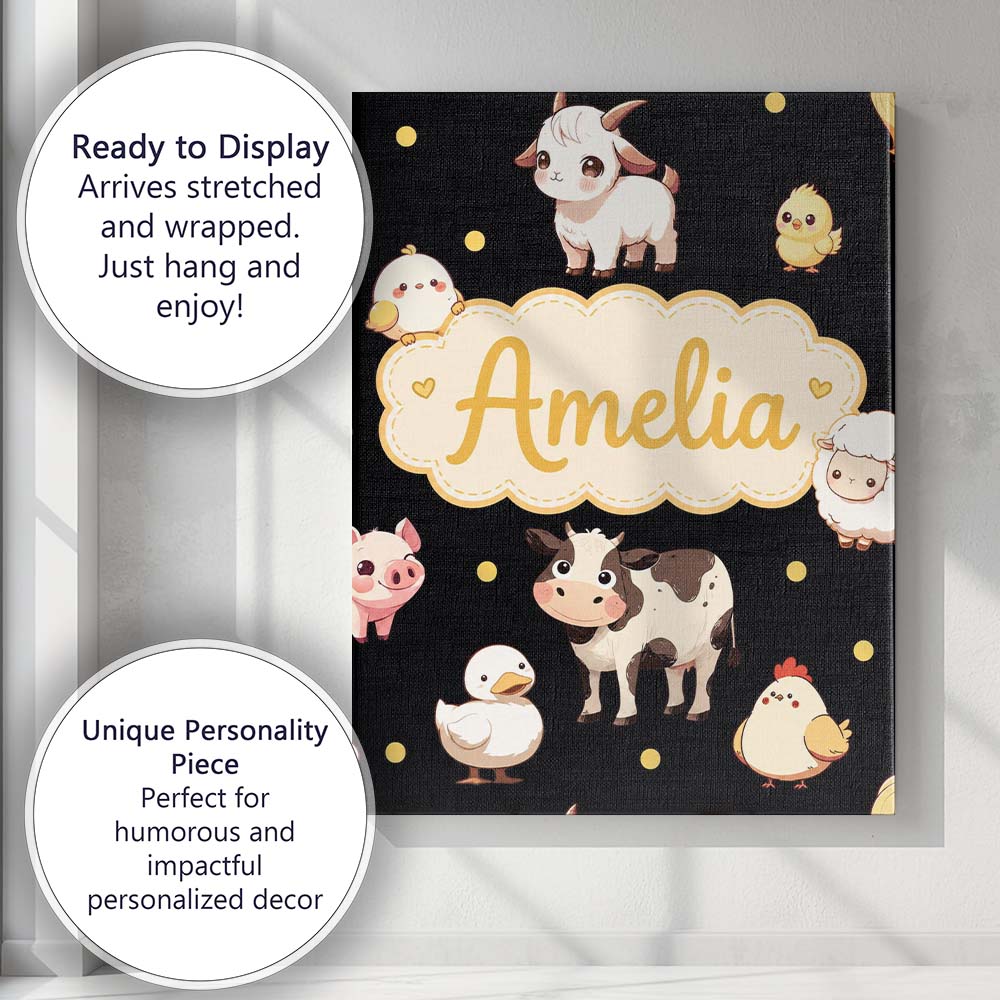 Personalised Name Cute Farm Animals Cow Pig Custom  Bespoke Interior Contemporary Canvas Wall Art Print Decor Picture Ready to Hang