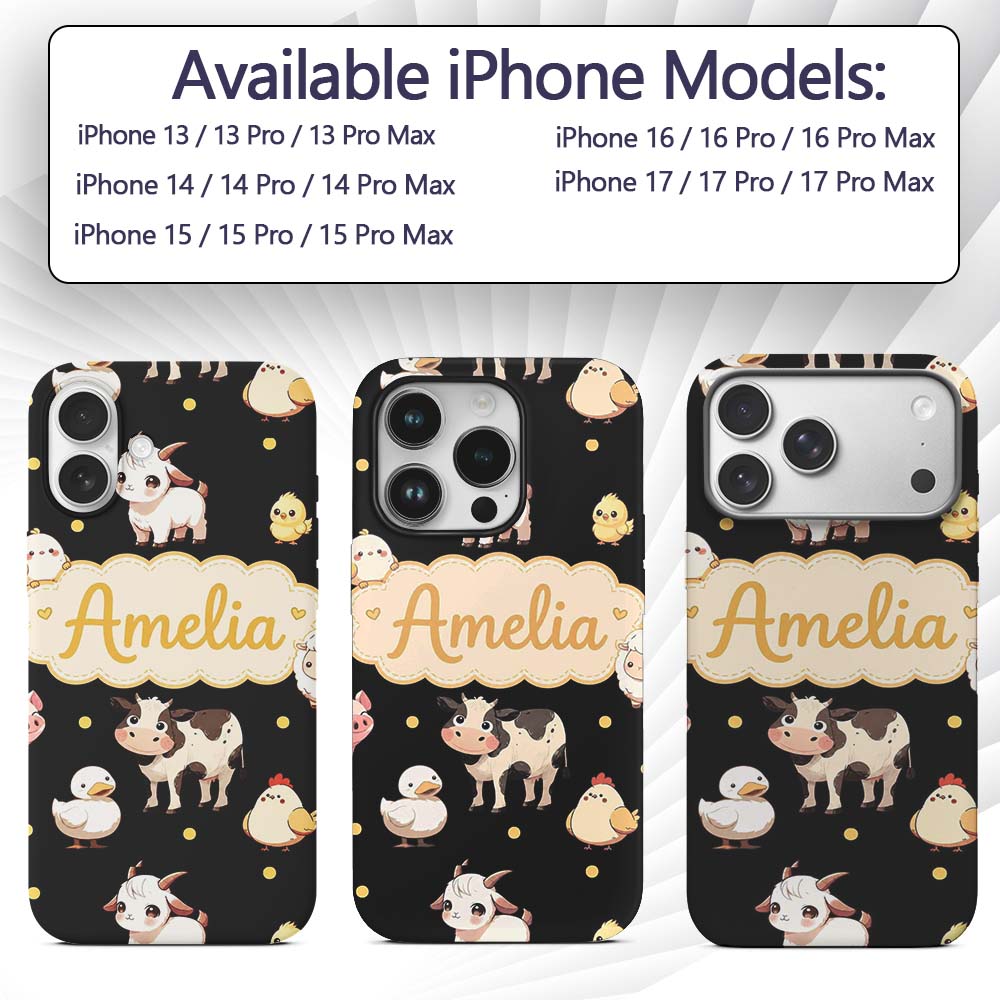 Cute Farm Animals Cow Pig Goat Chicken Duck Sheep Custom Name Protective Phone Case Mobile Cover Durable Everyday Smartphone Shock Resistant