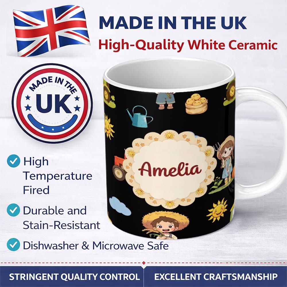 Personalized Custom Name Cute Farm Tractor Farmer Girl Duck Sun Clouds Seamless Pattern 11oz Ceramic Coffee Tea Mug White Large Handle