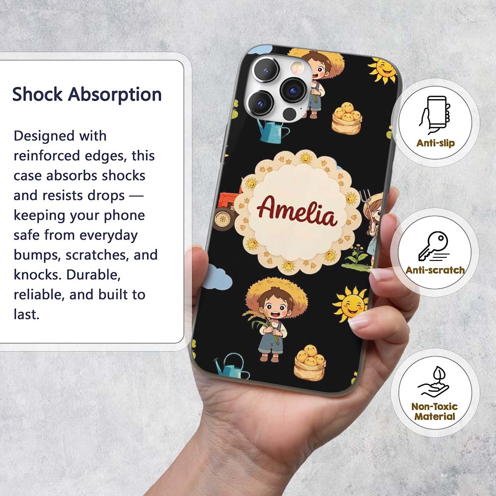 Cute Farm Tractor Farmer Girl Duck Sun Clouds Custom Name Protective Phone Case Mobile Cover Durable Everyday Smartphone Shock Resistant
