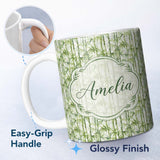 Personalized Custom Name Light Green Bamboo Leaves with Soft White Background Seamless Lovely 11oz Ceramic Coffee Tea Mug White Large Handle