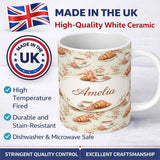 Personalized Custom Name Floral Vintage Croissant Tea Cup Seamless Pattern Shabby Chic Style 11oz Ceramic Coffee Tea Mug White Large Handle