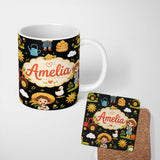 Personalized Custom Name Cute Farm Tractor Farmer Girl Duck Sun Scene Seamless Pattern Name 11oz Ceramic Coffee Tea Mug White Large Handle