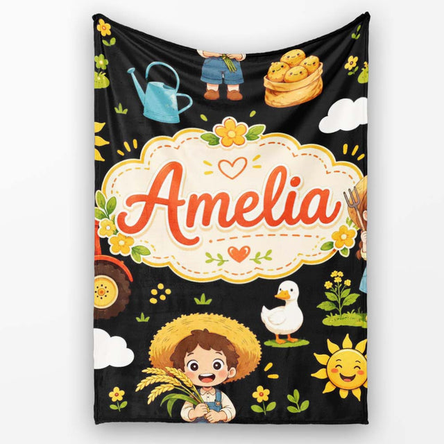 Cute Farm Tractor Farmer Girl Duck Sun Scene Seamless Pattern Name  Personalised Custom Name Super Soft Fleece Blanket Bed Sofa Throw