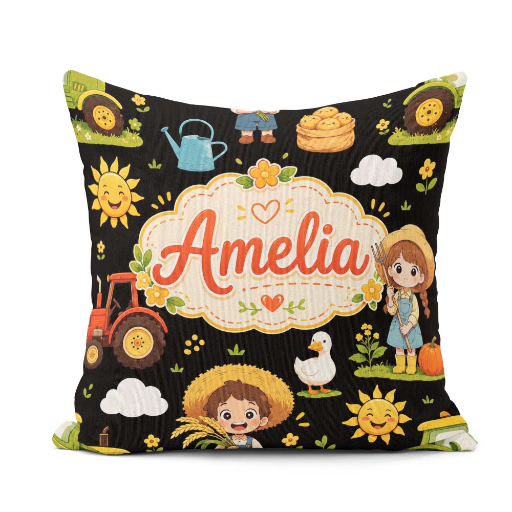 Custom Name Farm Tractor Farmer Girl Duck Sun Scene Pattern Name Square Filled Cushion Throw Pillow Sofa Bed Home Decor Zip Washable UK Made