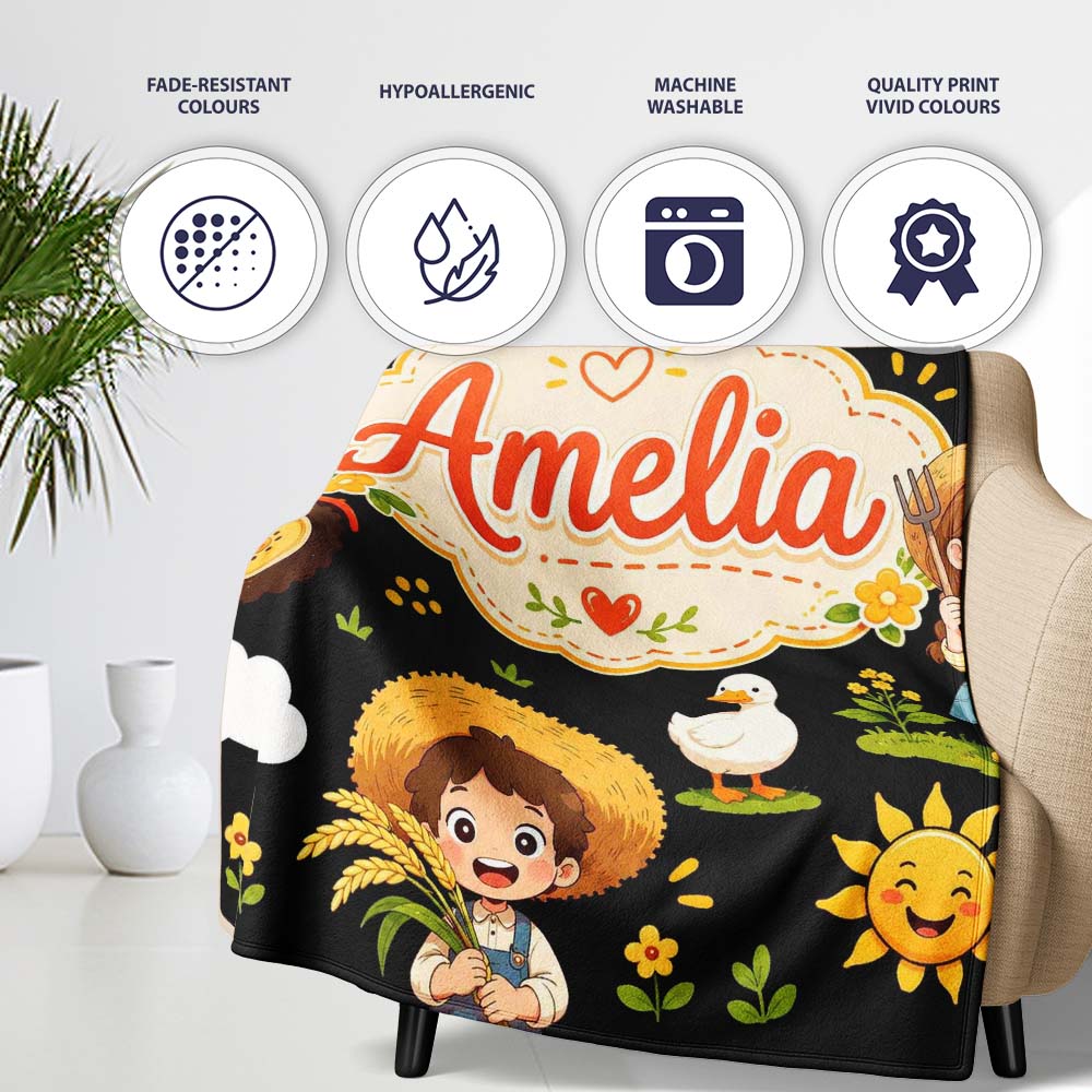 Cute Farm Tractor Farmer Girl Duck Sun Scene Seamless Pattern Name  Personalised Custom Name Super Soft Fleece Blanket Bed Sofa Throw