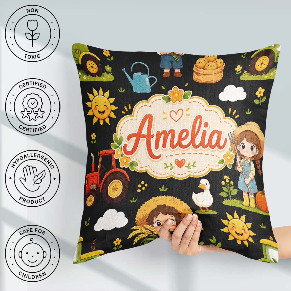 Custom Name Farm Tractor Farmer Girl Duck Sun Scene Pattern Name Square Filled Cushion Throw Pillow Sofa Bed Home Decor Zip Washable UK Made
