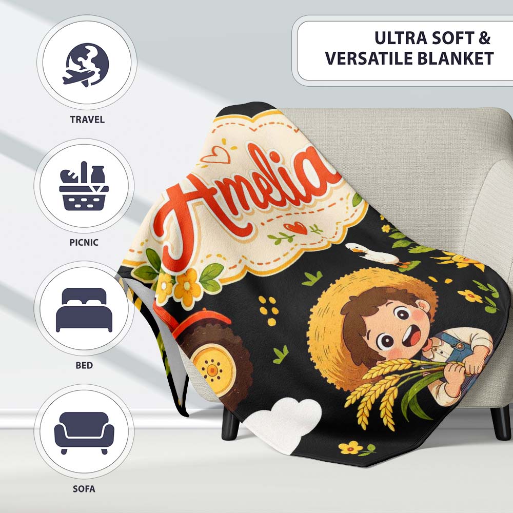 Cute Farm Tractor Farmer Girl Duck Sun Scene Seamless Pattern Name  Personalised Custom Name Super Soft Fleece Blanket Bed Sofa Throw