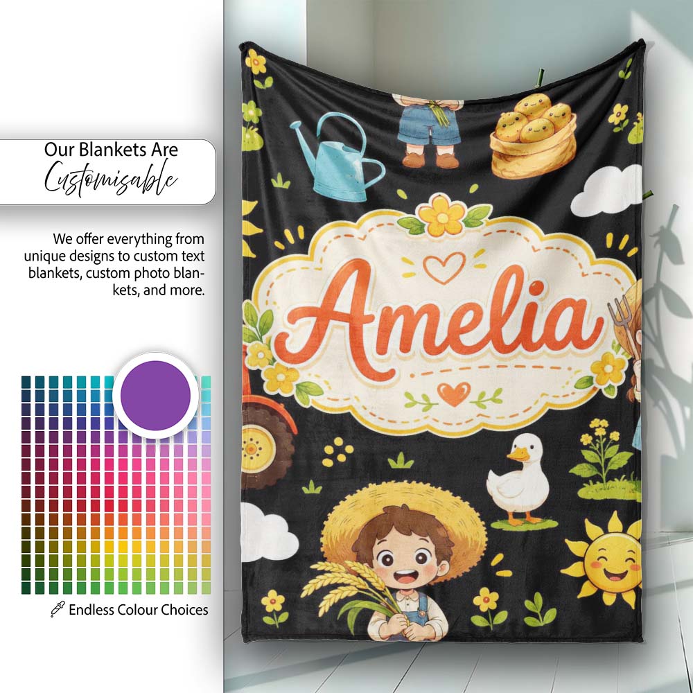 Cute Farm Tractor Farmer Girl Duck Sun Scene Seamless Pattern Name  Personalised Custom Name Super Soft Fleece Blanket Bed Sofa Throw