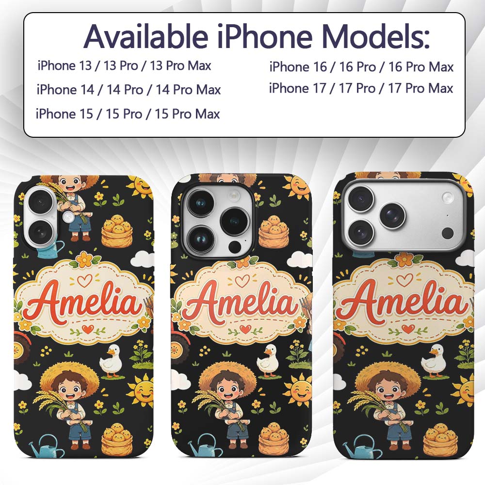 Cute Farm Tractor Farmer Girl Duck Sun Scene Custom Name Protective Phone Case Mobile Cover Durable Everyday Smartphone Shock Resistant