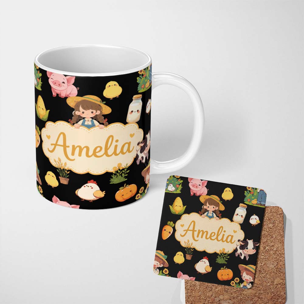 Personalized Custom Name Cute Kawaii Farm Girl Cow Milk Corn Animals Seamless Pattern Name 11oz Ceramic Coffee Tea Mug White Large Handle