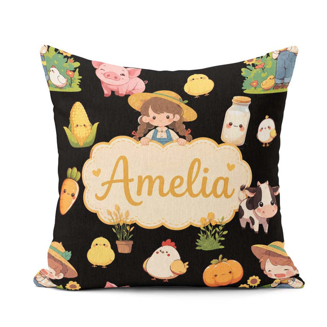 Custom Name Kawaii Farm Girl Cow Milk Corn Animals Seamless Name Square Filled Cushion Throw Pillow Sofa Bed Home Decor Zip Washable UK Made