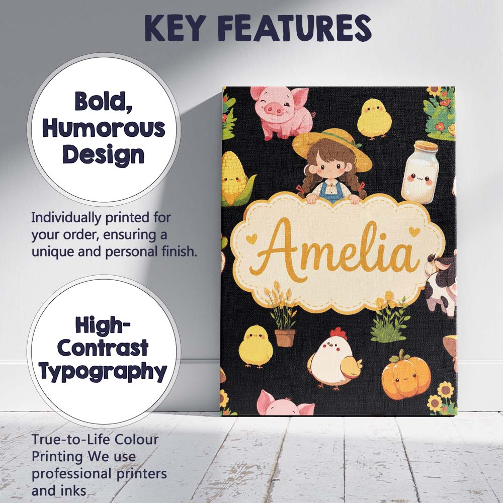 Personalised Name Cute Kawaii Farm Girl Cow Custom  Bespoke Interior Contemporary Canvas Wall Art Print Decor Picture Ready to Hang