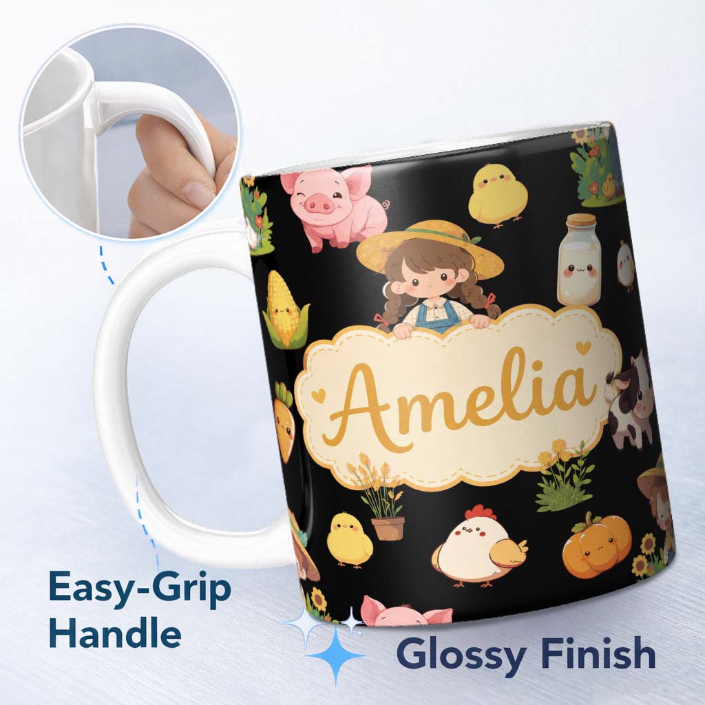 Personalized Custom Name Cute Kawaii Farm Girl Cow Milk Corn Animals Seamless Pattern Name 11oz Ceramic Coffee Tea Mug White Large Handle