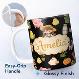 Personalized Custom Name Cute Kawaii Farm Girl Cow Milk Corn Animals Seamless Pattern Name 11oz Ceramic Coffee Tea Mug White Large Handle