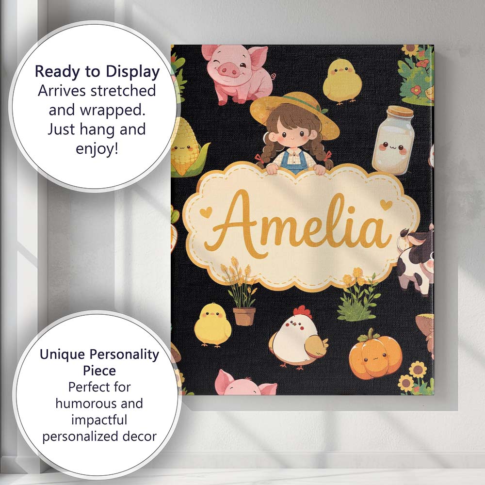 Personalised Name Cute Kawaii Farm Girl Cow Custom  Bespoke Interior Contemporary Canvas Wall Art Print Decor Picture Ready to Hang