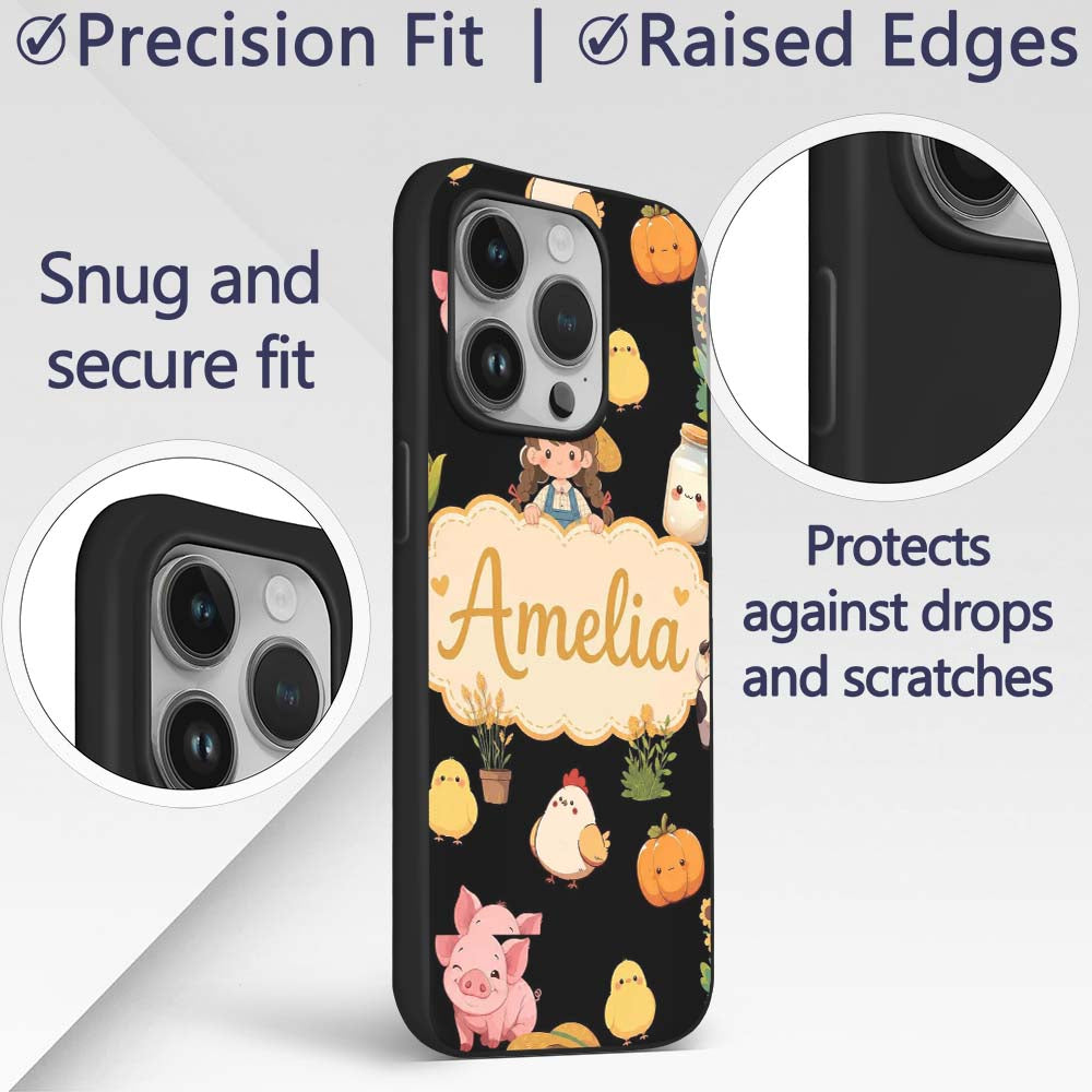 Cute Kawaii Farm Girl Cow Milk Printed Design Custom Name Protective Phone Case Mobile Cover Durable Everyday Smartphone Shock Resistant