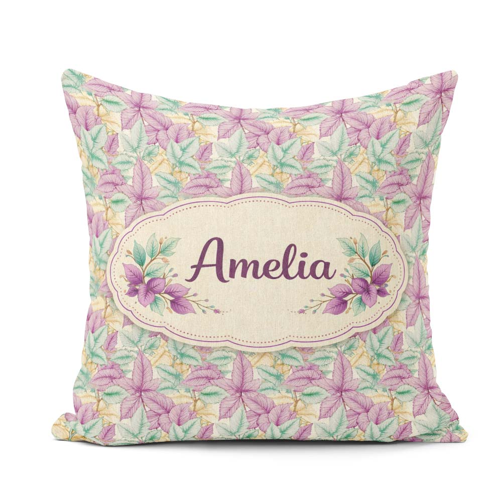 Custom Name Light Pastel Botanical Leaves Elegant Pattern Lovely Square Filled Cushion Throw Pillow Sofa Bed Home Decor Zip Washable UK Made