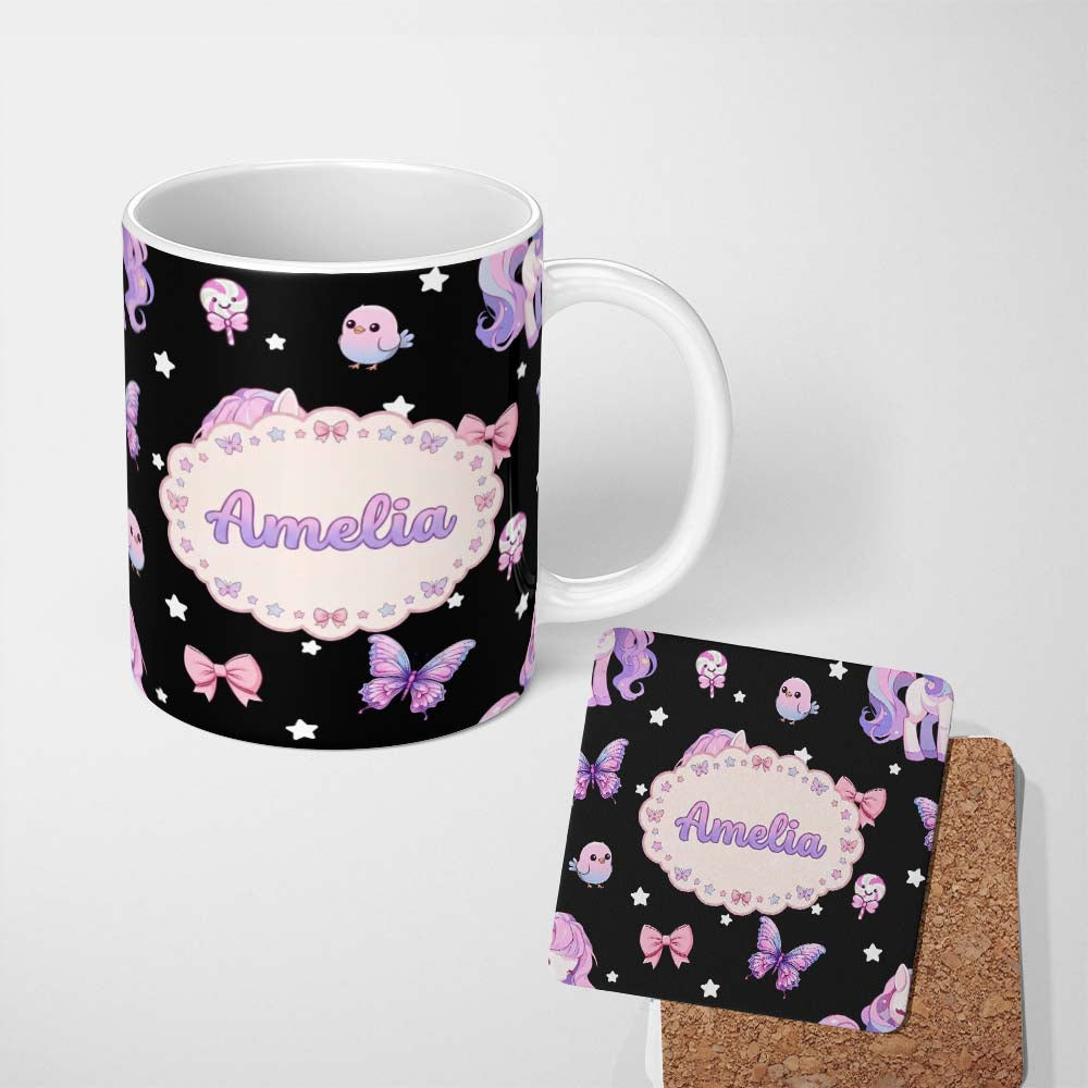 Personalized Custom Name Cute Pastel Unicorn Bird Candy Butterfly Seamless Pattern Name 11oz Ceramic Coffee Tea Mug White Large Handle