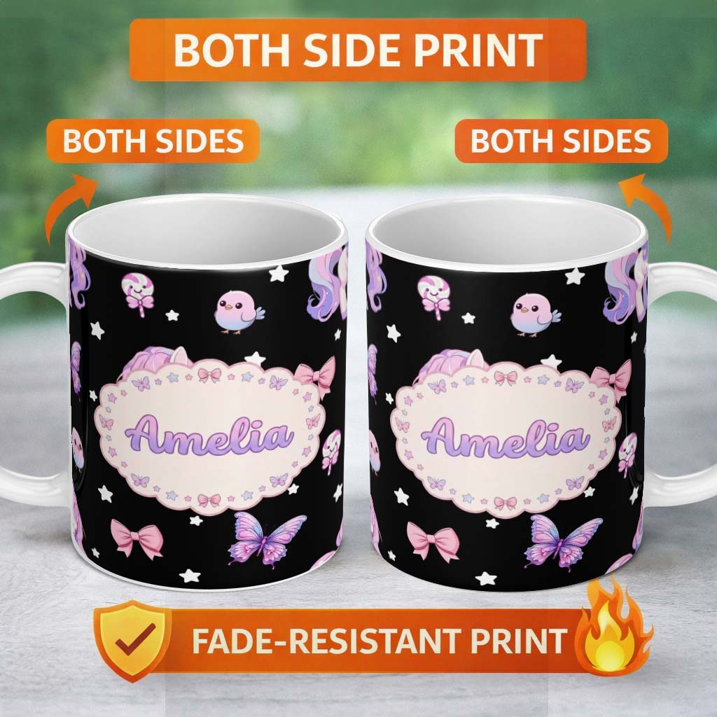 Personalized Custom Name Cute Pastel Unicorn Bird Candy Butterfly Seamless Pattern Name 11oz Ceramic Coffee Tea Mug White Large Handle