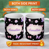 Personalized Custom Name Cute Pastel Unicorn Bird Candy Butterfly Seamless Pattern Name 11oz Ceramic Coffee Tea Mug White Large Handle