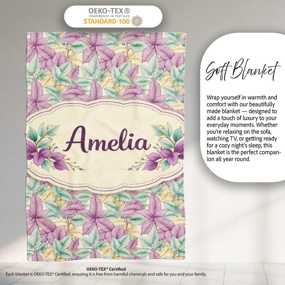 Light Pastel Botanical Leaves Elegant Seamless Pattern Lovely  Personalised Custom Name Super Soft Fleece Blanket Bed Sofa Throw
