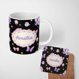 Personalized Custom Name Cute Pastel Unicorn Bird Candy Stars Seamless Pattern Name Unique 11oz Ceramic Coffee Tea Mug White Large Handle