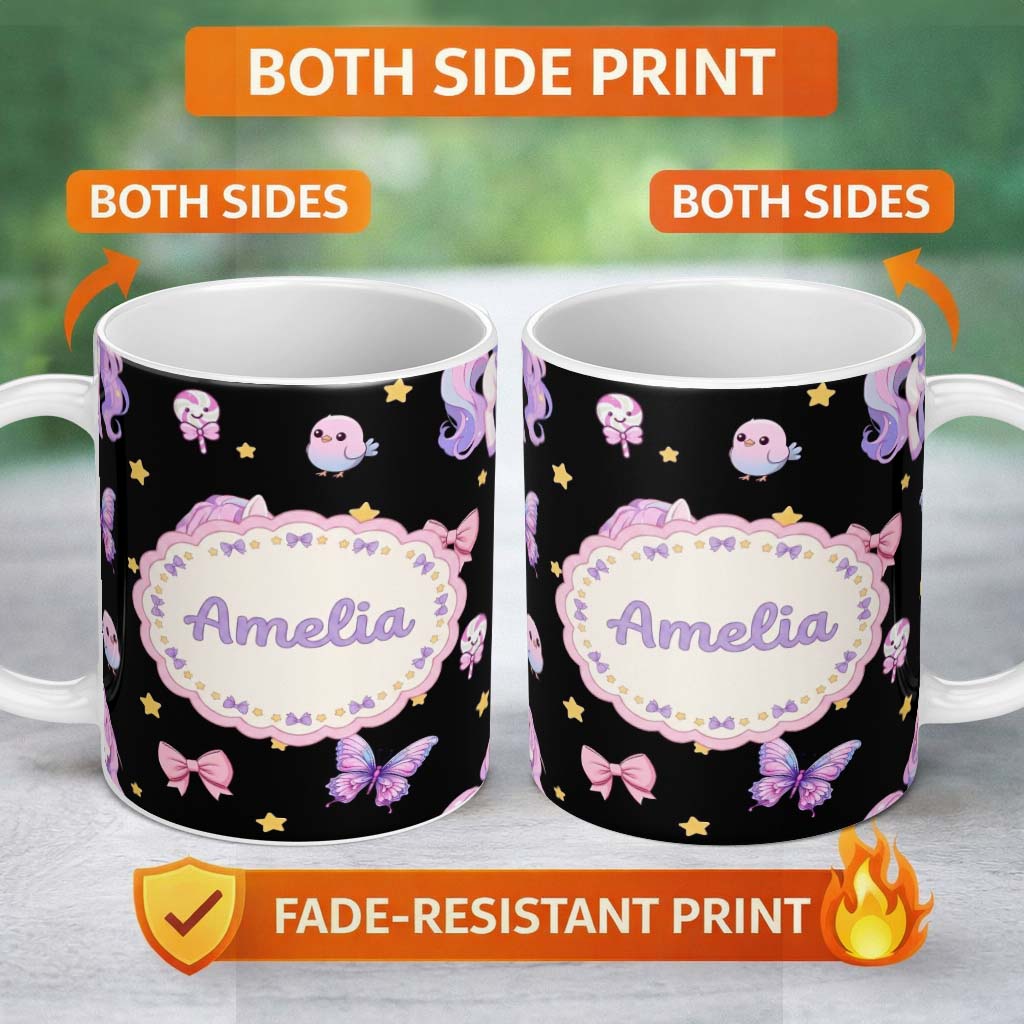 Personalized Custom Name Cute Pastel Unicorn Bird Candy Stars Seamless Pattern Name Unique 11oz Ceramic Coffee Tea Mug White Large Handle