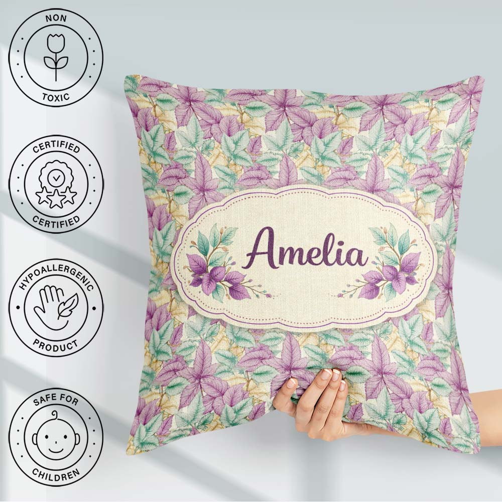 Custom Name Light Pastel Botanical Leaves Elegant Pattern Lovely Square Filled Cushion Throw Pillow Sofa Bed Home Decor Zip Washable UK Made