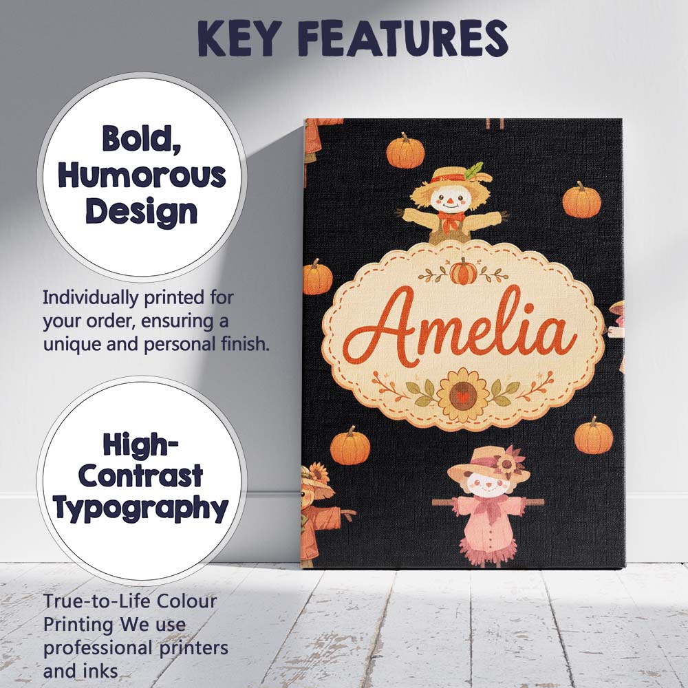 Personalised Name Cute Autumn Scarecrow Custom  Modern Room Accent Elegant Feature Canvas Wall Art Print Decor Picture Ready to Hang