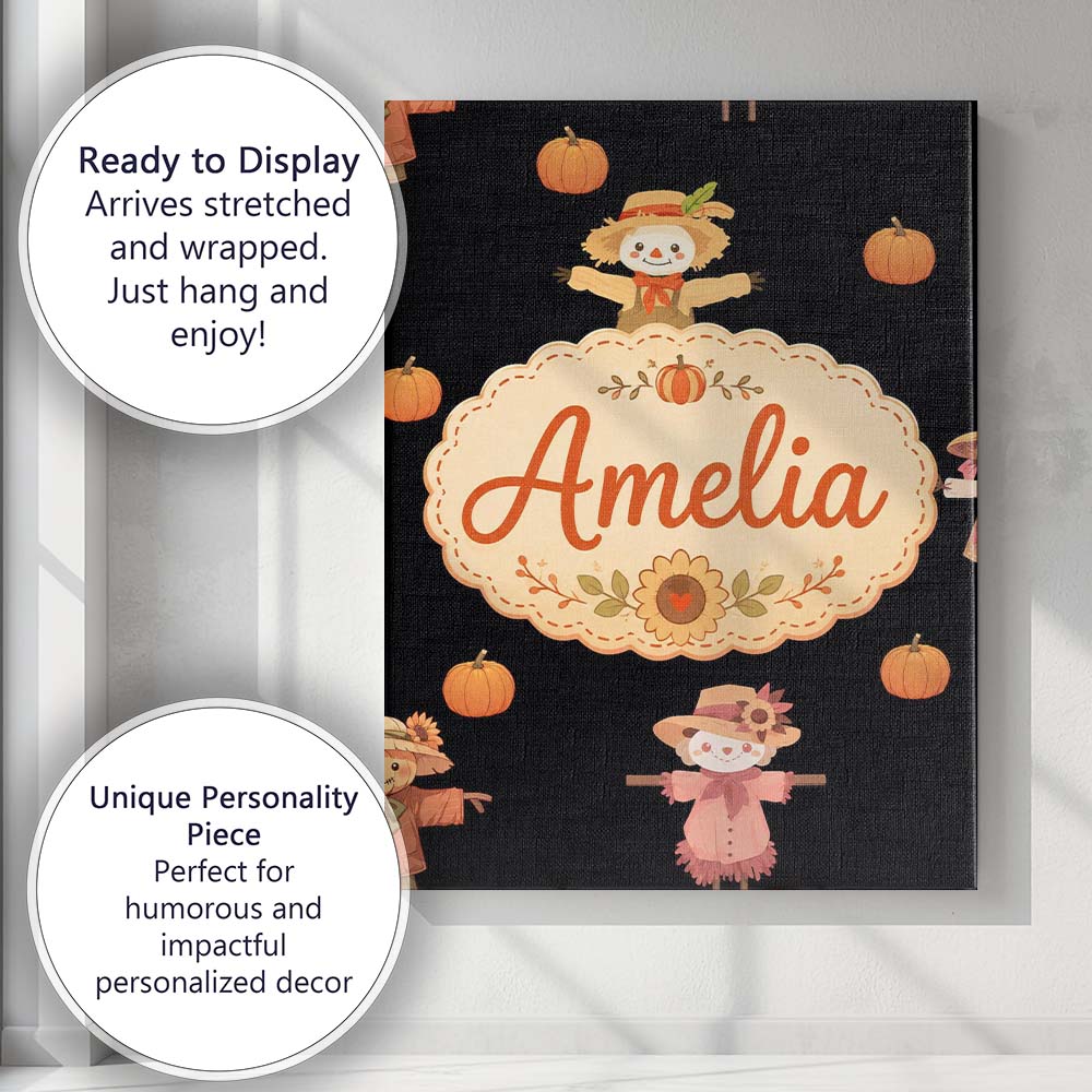 Personalised Name Cute Autumn Scarecrow Custom  Modern Room Accent Elegant Feature Canvas Wall Art Print Decor Picture Ready to Hang