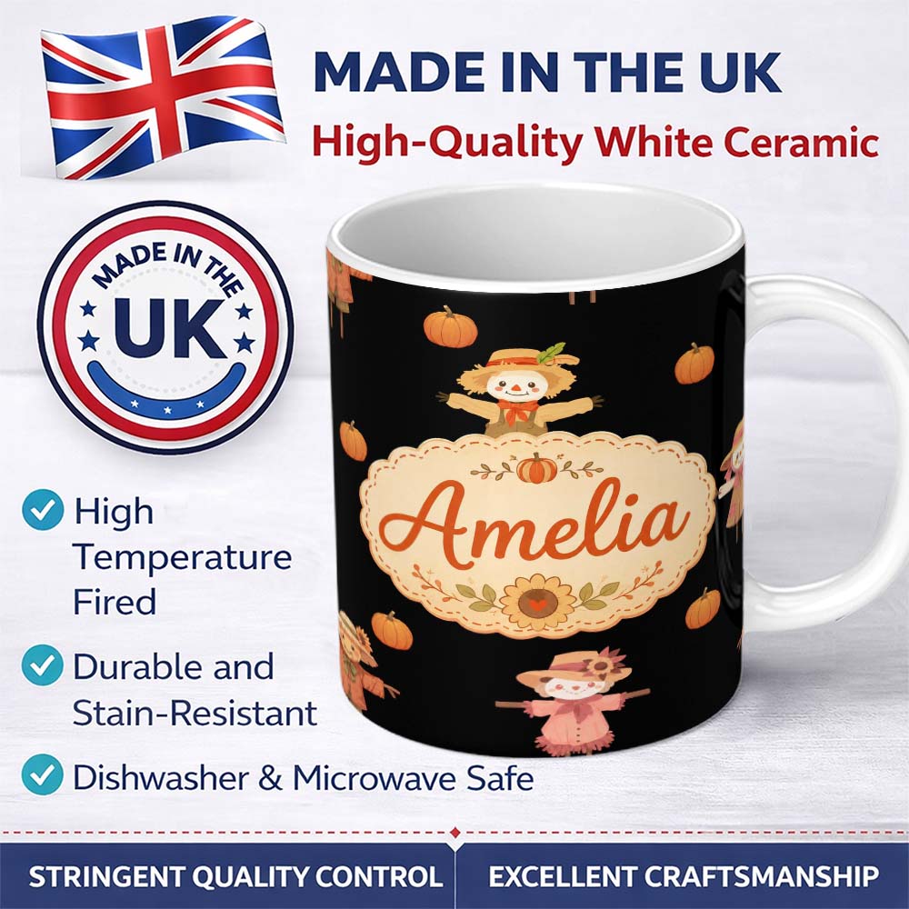 Personalized Custom Name Cute Autumn Scarecrow Pumpkin Birds Seamless Pattern Name Unique 11oz Ceramic Coffee Tea Mug White Large Handle