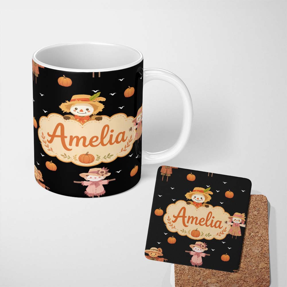 Personalized Custom Name Cute Autumn Scarecrow Pumpkin Farm Theme Seamless Pattern Name 11oz Ceramic Coffee Tea Mug White Large Handle