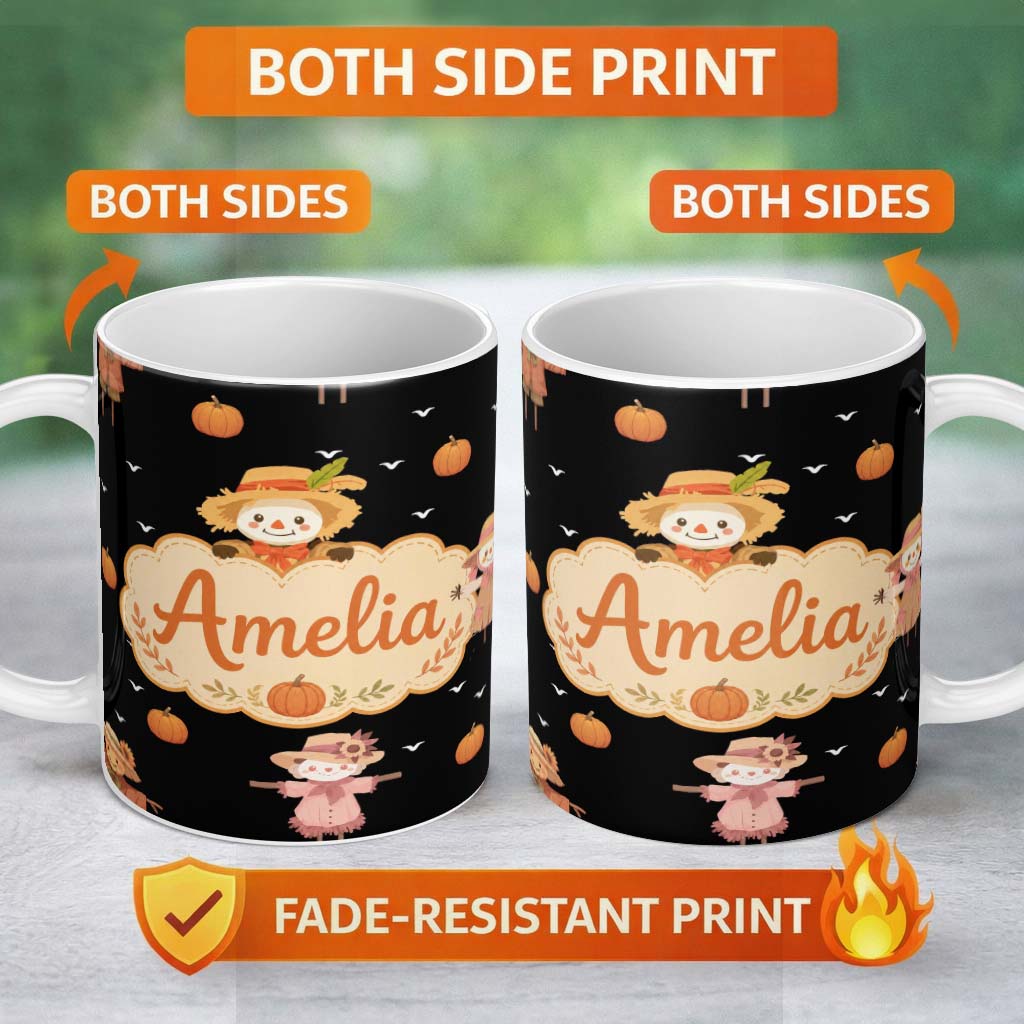 Personalized Custom Name Cute Autumn Scarecrow Pumpkin Farm Theme Seamless Pattern Name 11oz Ceramic Coffee Tea Mug White Large Handle