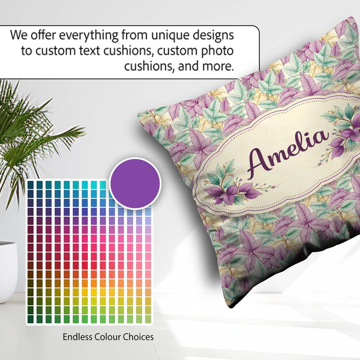 Custom Name Light Pastel Botanical Leaves Elegant Pattern Lovely Square Filled Cushion Throw Pillow Sofa Bed Home Decor Zip Washable UK Made