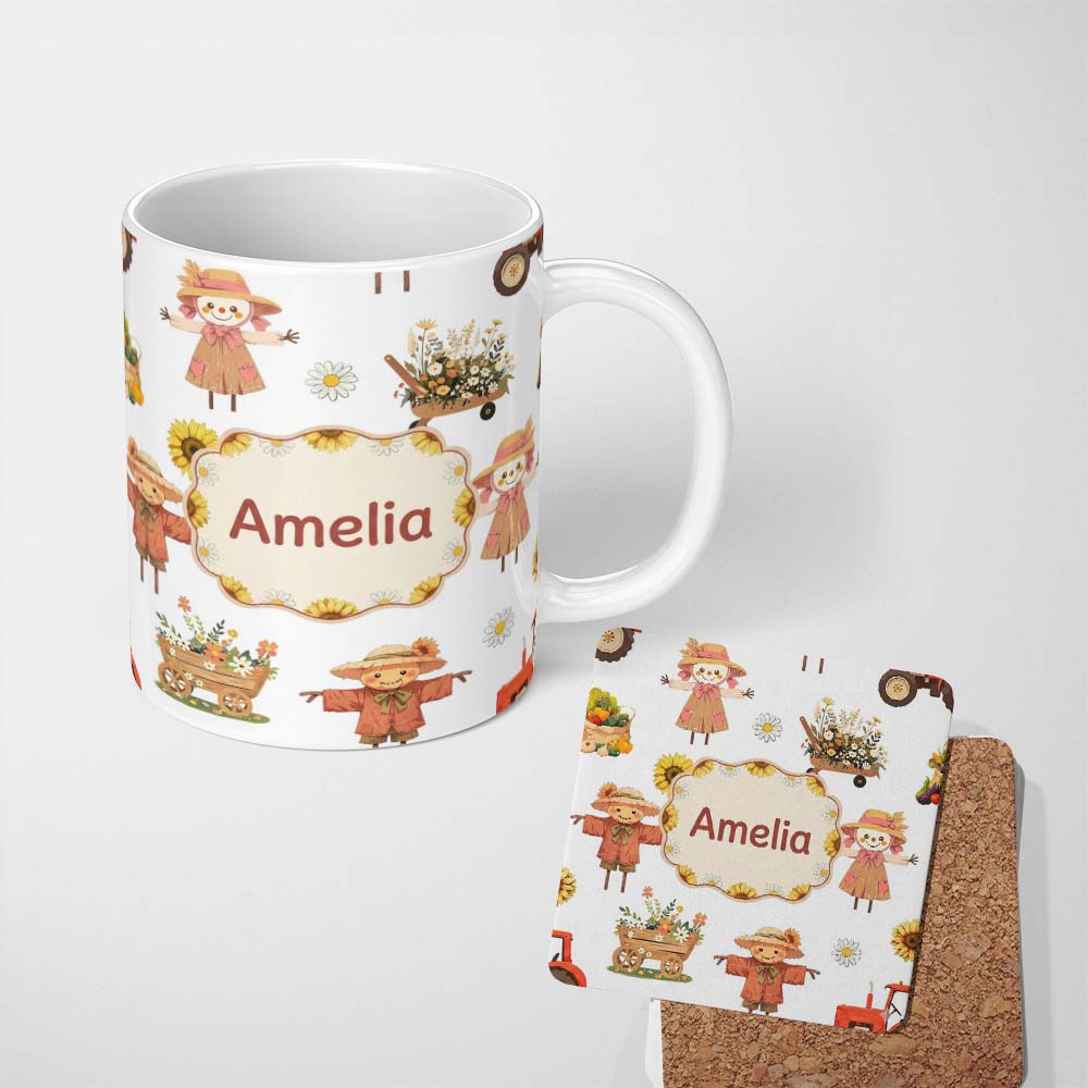 Personalized Custom Name Cute Farm Barn Scarecrow Sunflower Flowers Seamless Pattern Name 11oz Ceramic Coffee Tea Mug White Large Handle